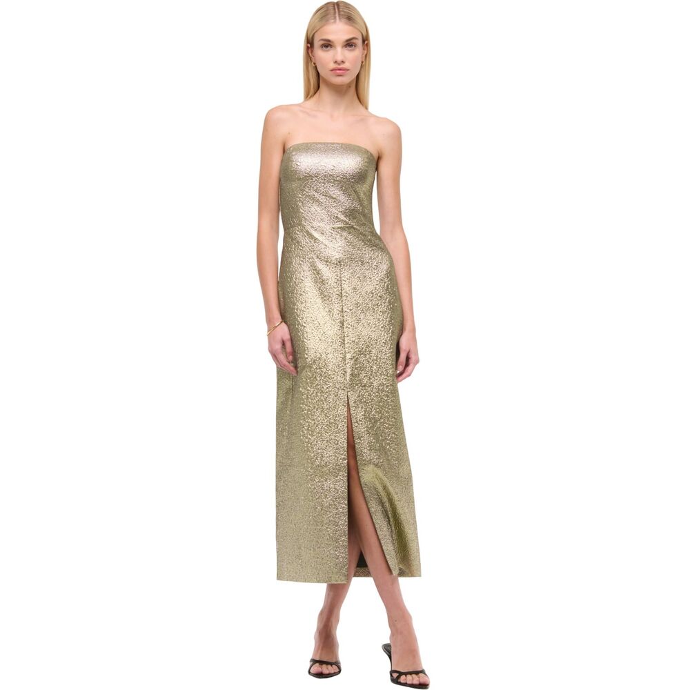 Abercrombie & Fitch Metallic Strapless Midi Dress Gold Front Slit NWOT Size S